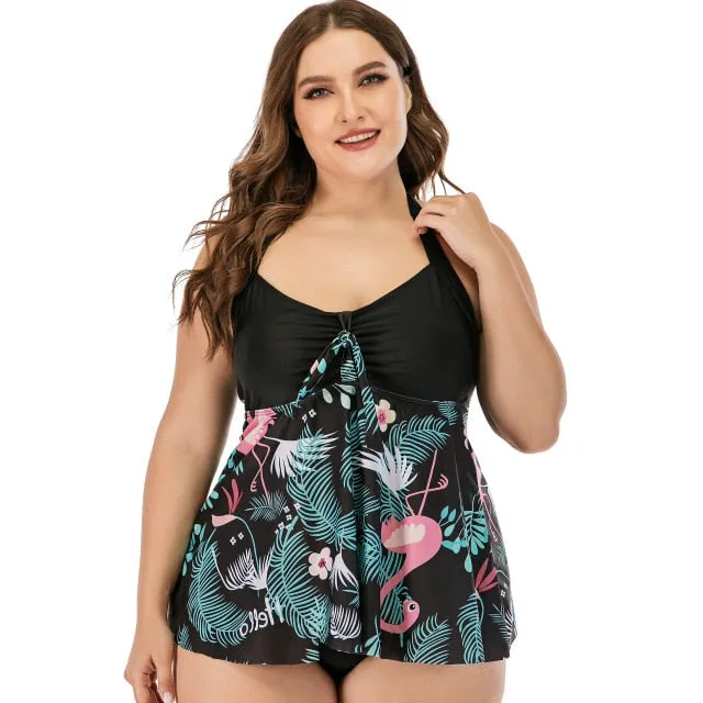 2020 Large Size 5XL Flamingo Women Swim Dress Halter Printed Floral Two Pieces Swim Dresses Big 4XL Bathing Suit Femme Swimwear