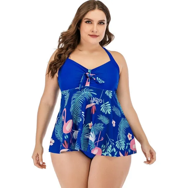 2020 Large Size 5XL Flamingo Women Swim Dress Halter Printed Floral Two Pieces Swim Dresses Big 4XL Bathing Suit Femme Swimwear