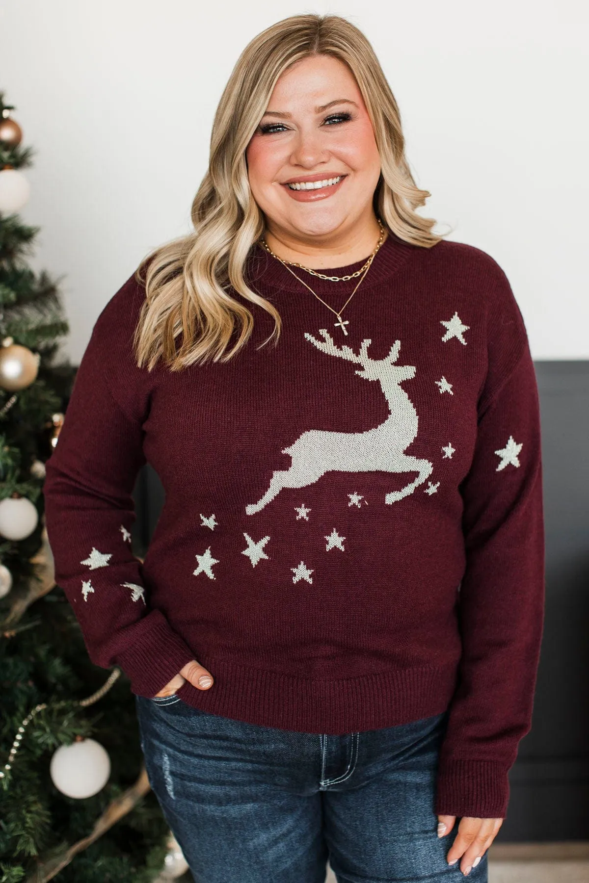 A Merry Day Reindeer Knit Sweater- Wine