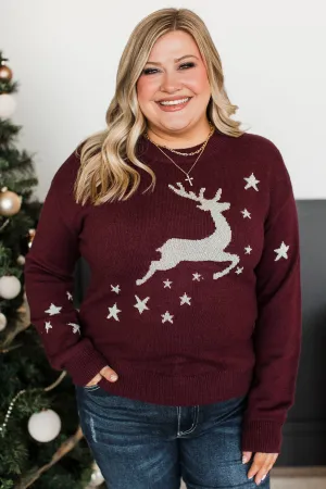 A Merry Day Reindeer Knit Sweater- Wine