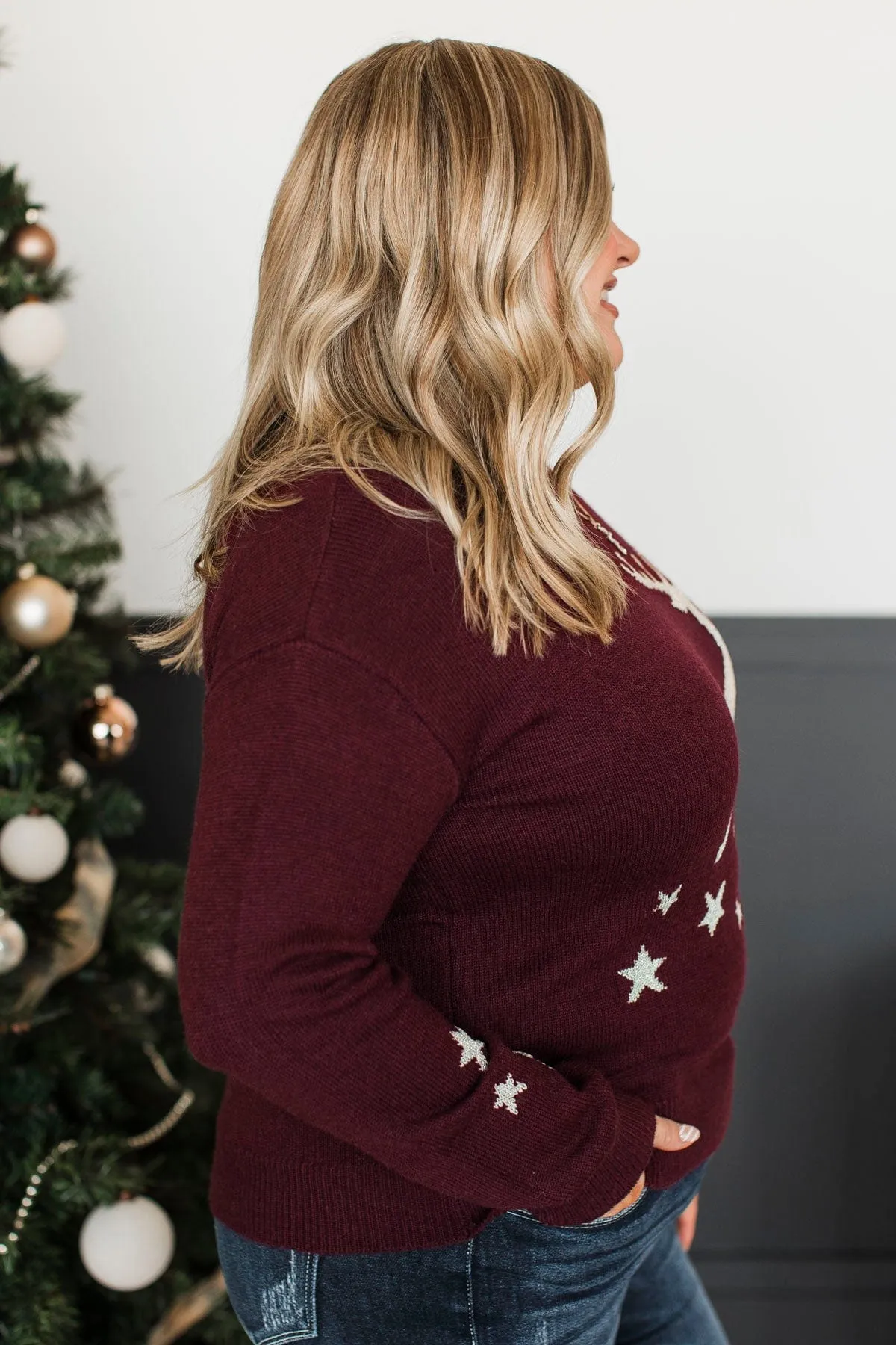 A Merry Day Reindeer Knit Sweater- Wine