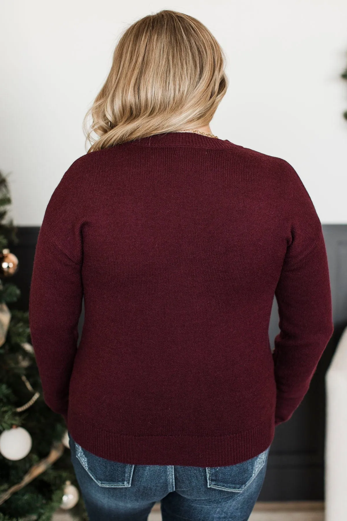 A Merry Day Reindeer Knit Sweater- Wine