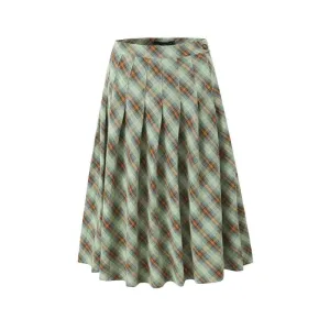 American Retro Low Waist Navel Plaid Pleated Long Skirt Women