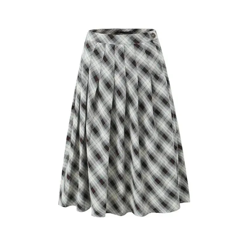 American Retro Low Waist Navel Plaid Pleated Long Skirt Women