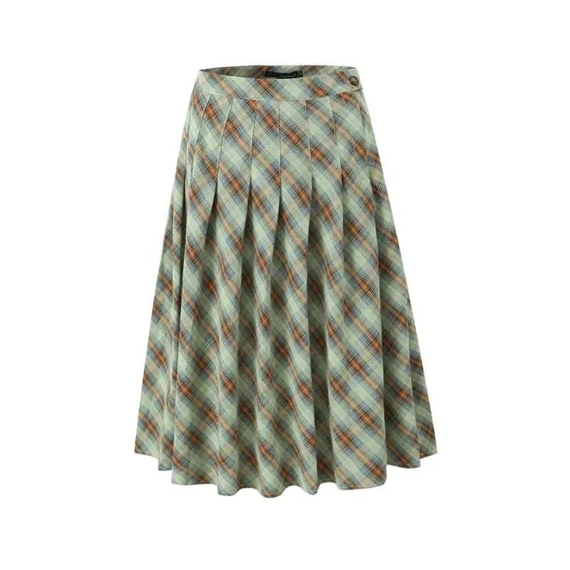 American Retro Low Waist Navel Plaid Pleated Long Skirt Women
