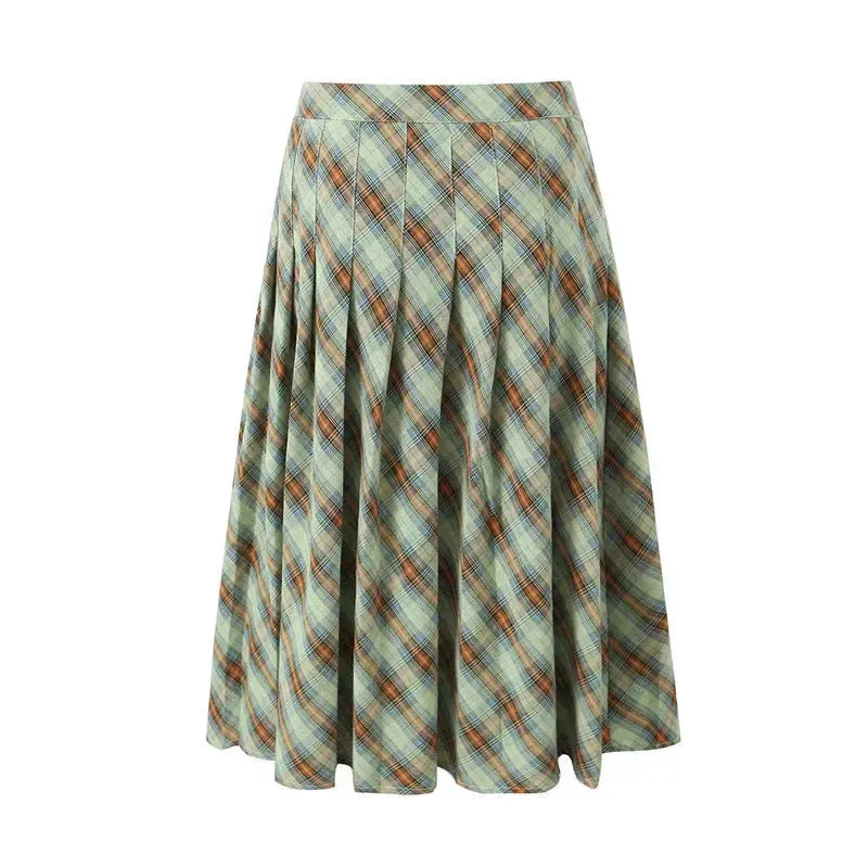 American Retro Low Waist Navel Plaid Pleated Long Skirt Women