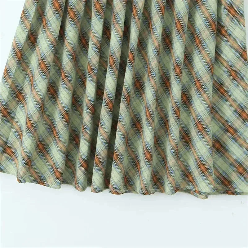 American Retro Low Waist Navel Plaid Pleated Long Skirt Women