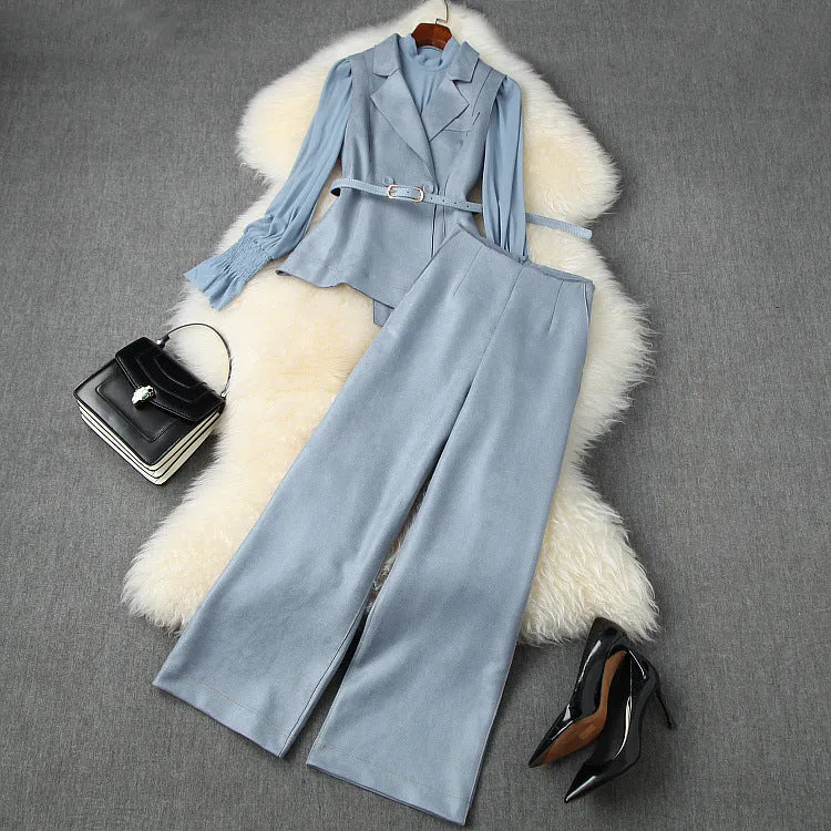 Belt Blazers Vest Net Yarn Tops Wide Leg Pants Three-piece Set