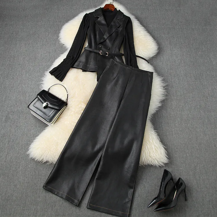 Belt Blazers Vest Net Yarn Tops Wide Leg Pants Three-piece Set