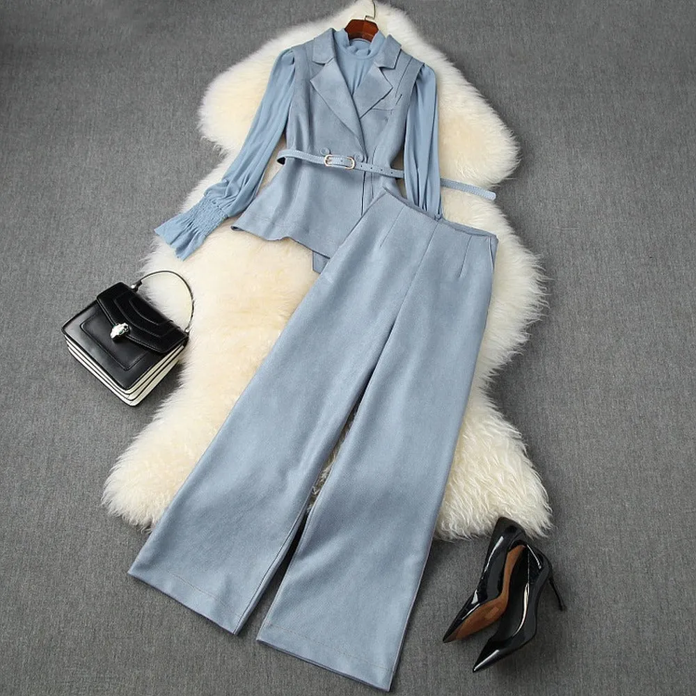 Belt Blazers Vest Net Yarn Tops Wide Leg Pants Three-piece Set