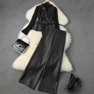 Belt Blazers Vest Net Yarn Tops Wide Leg Pants Three-piece Set