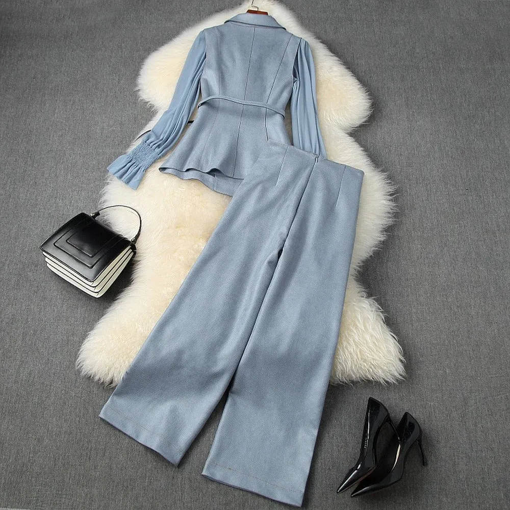 Belt Blazers Vest Net Yarn Tops Wide Leg Pants Three-piece Set