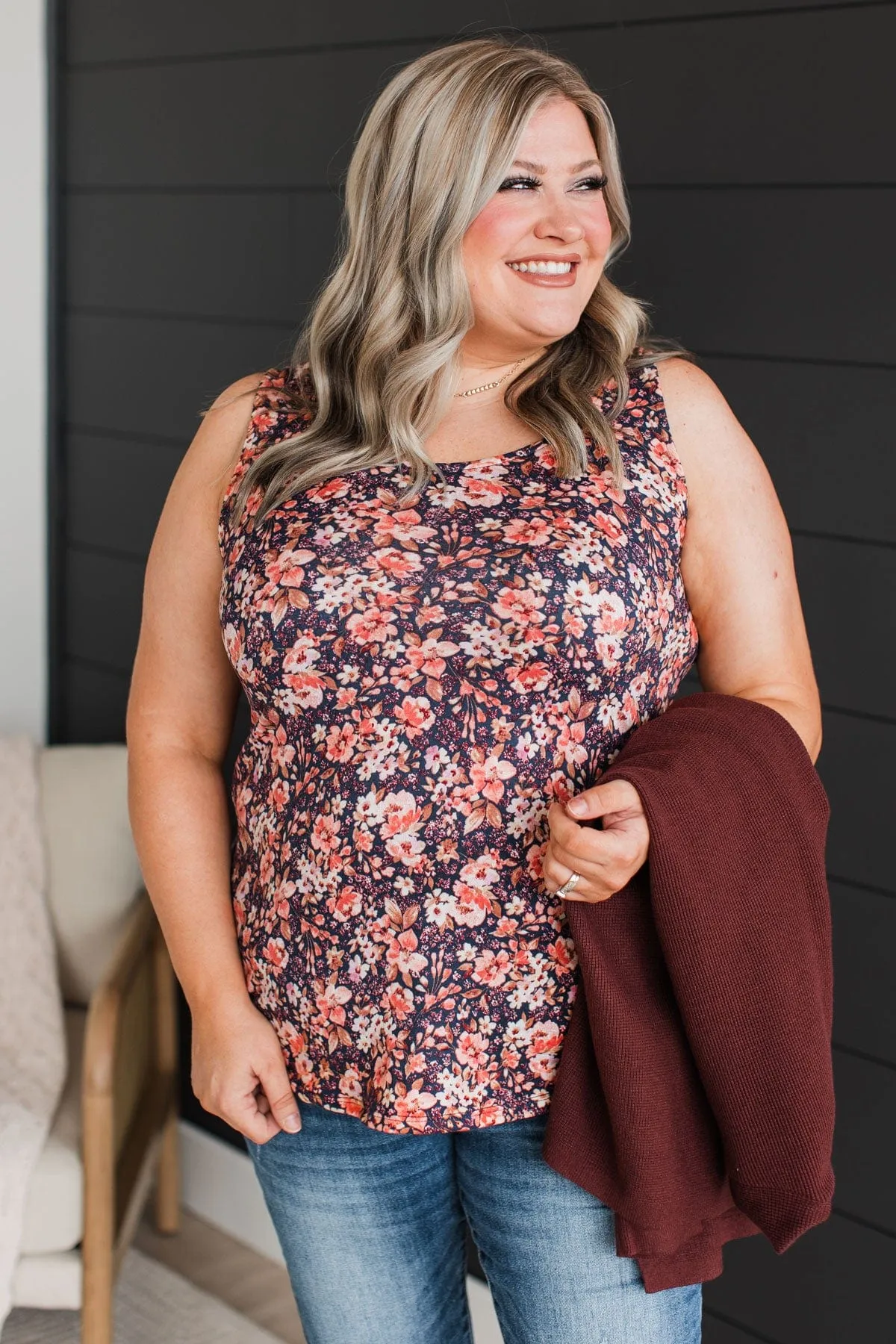 Between You & Me Floral Tank Top- Navy