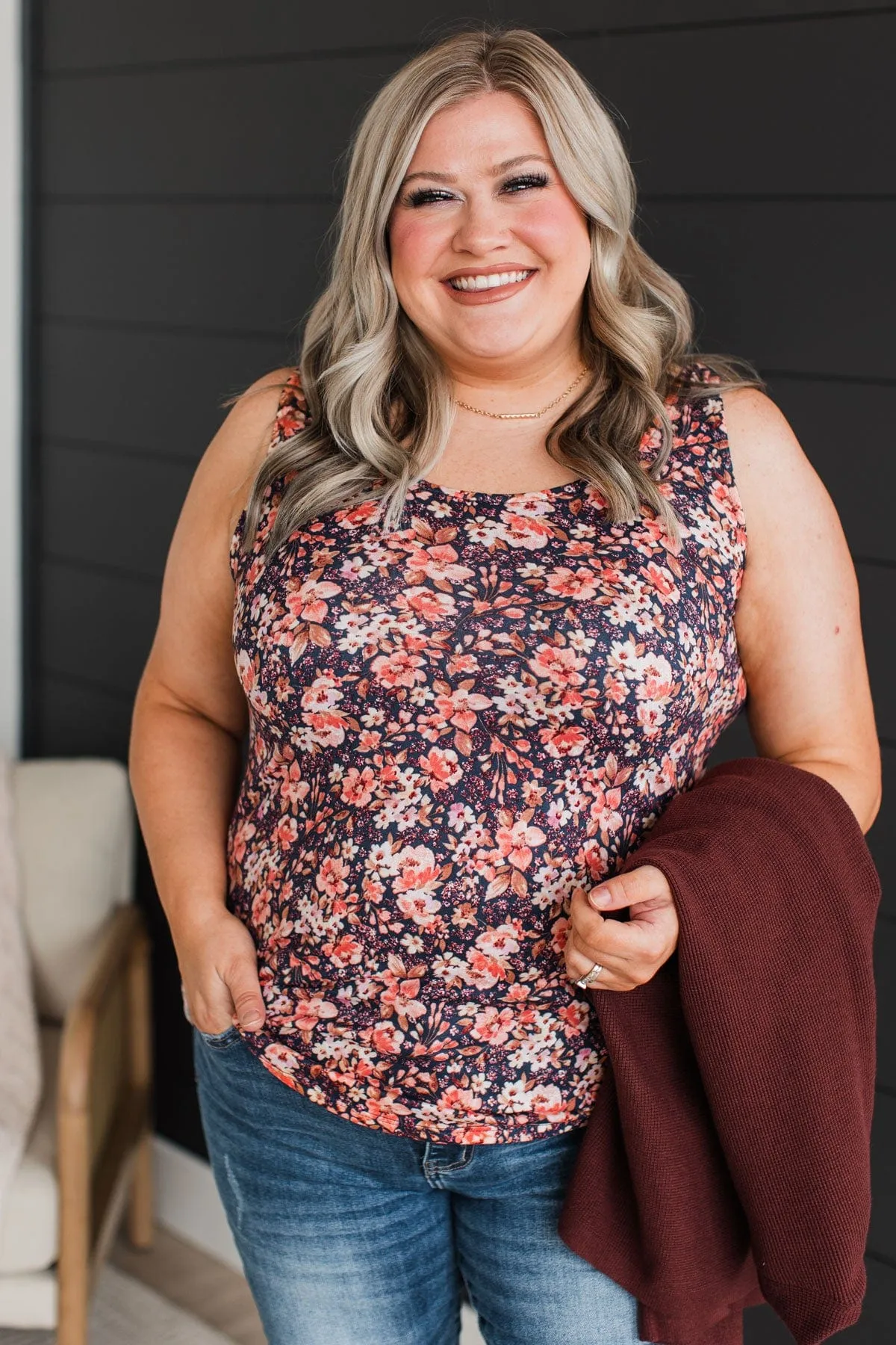 Between You & Me Floral Tank Top- Navy