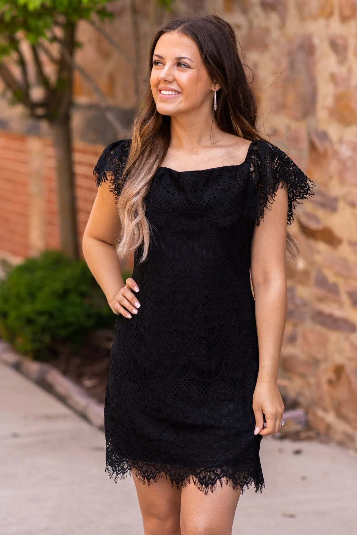 Black Scalloped Trim Lace Dress