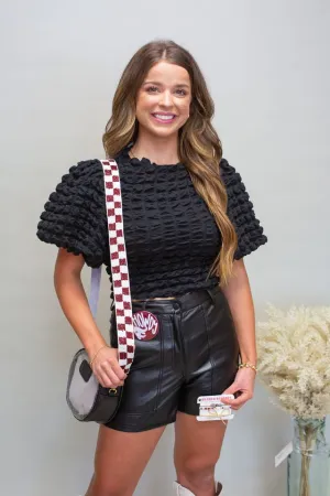 Black Texture Puff Slve Blouse