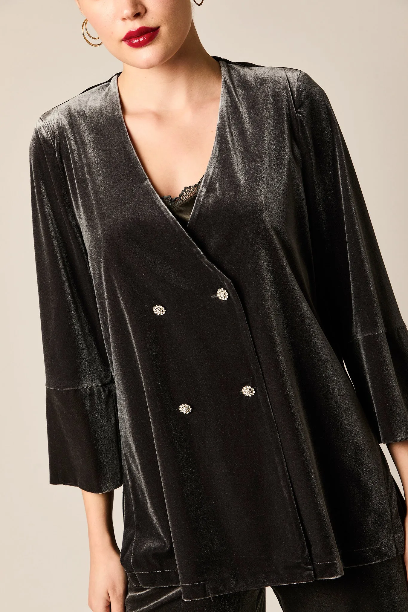 Blazer botones joya terciopelo gris