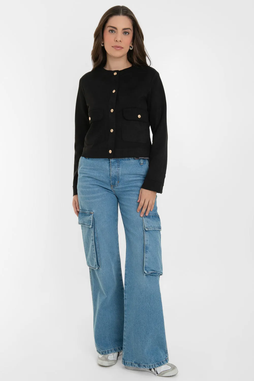 Blazer corto de gamuza cuello redondo botones