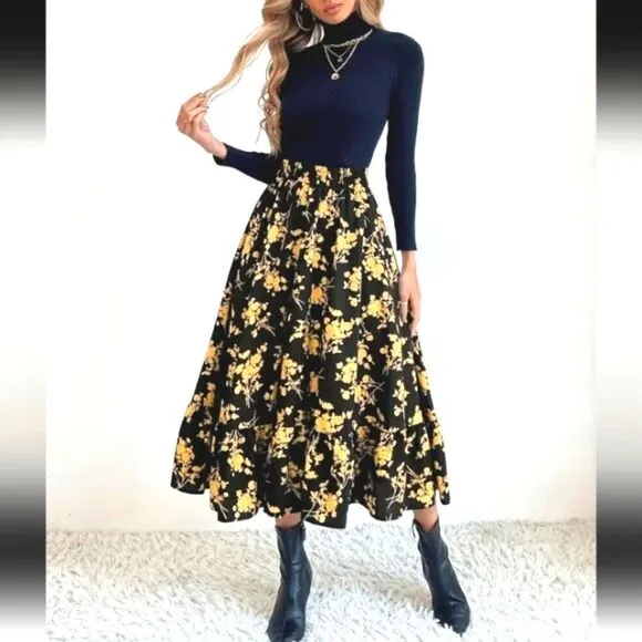 Boho Floral Print High Waist Skirt sz xl