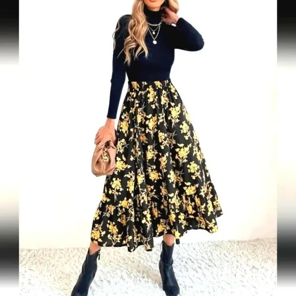 Boho Floral Print High Waist Skirt sz xl