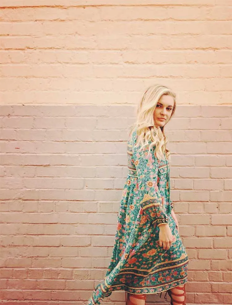 Boho Inspired Summer Bohemian Floral Long Sleeve Tassel V-Neck Loose Hippie Dress