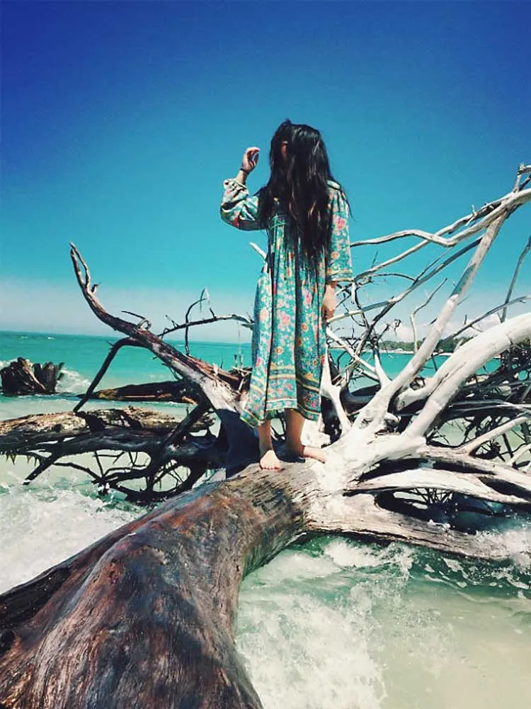 Boho Inspired Summer Bohemian Floral Long Sleeve Tassel V-Neck Loose Hippie Dress