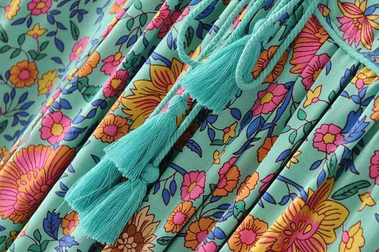 Boho Inspired Summer Bohemian Floral Long Sleeve Tassel V-Neck Loose Hippie Dress