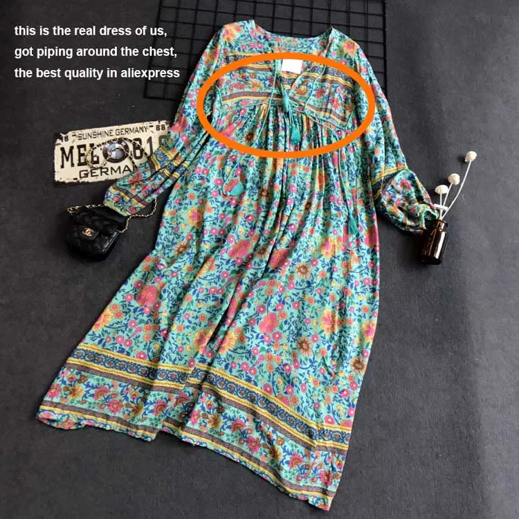 Boho Inspired Summer Bohemian Floral Long Sleeve Tassel V-Neck Loose Hippie Dress