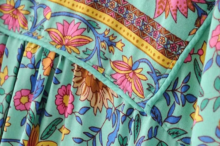 Boho Inspired Summer Bohemian Floral Long Sleeve Tassel V-Neck Loose Hippie Dress