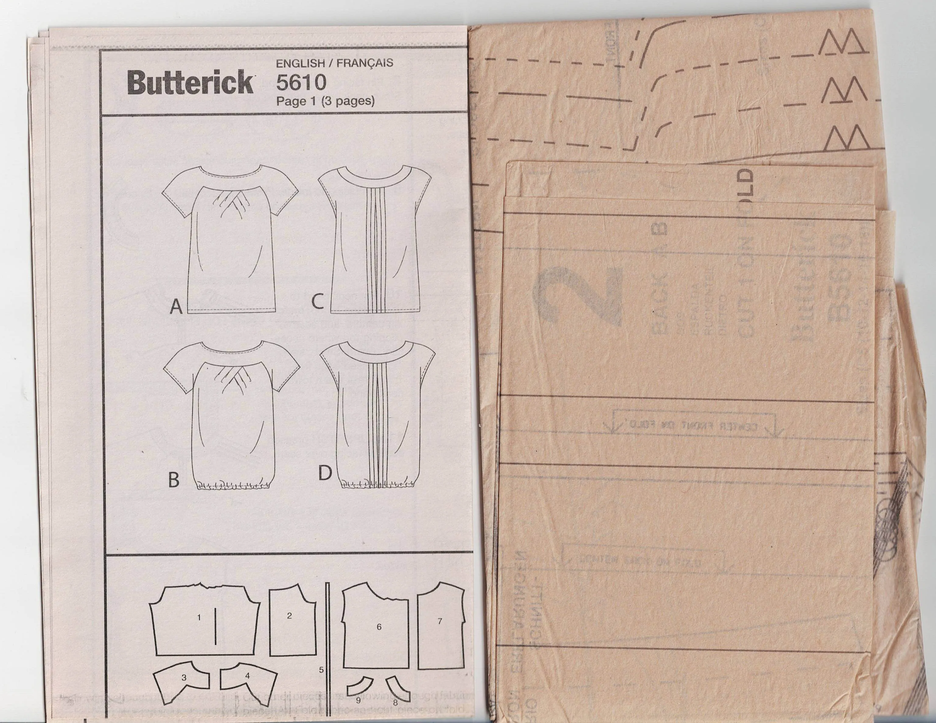 Butterick 5610 Womens Pullover Tops with Tucked Front Out Of Print Sewing Pattern Size 10 - 18 UNCUT Factory Folded