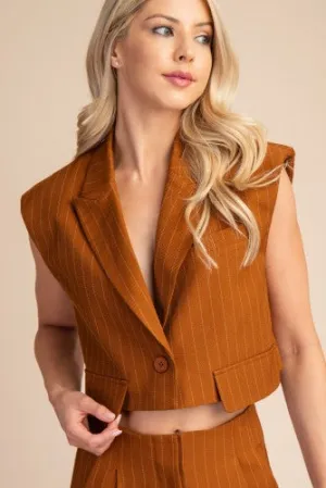 Camel Cropped Pinstripe Flap Vest