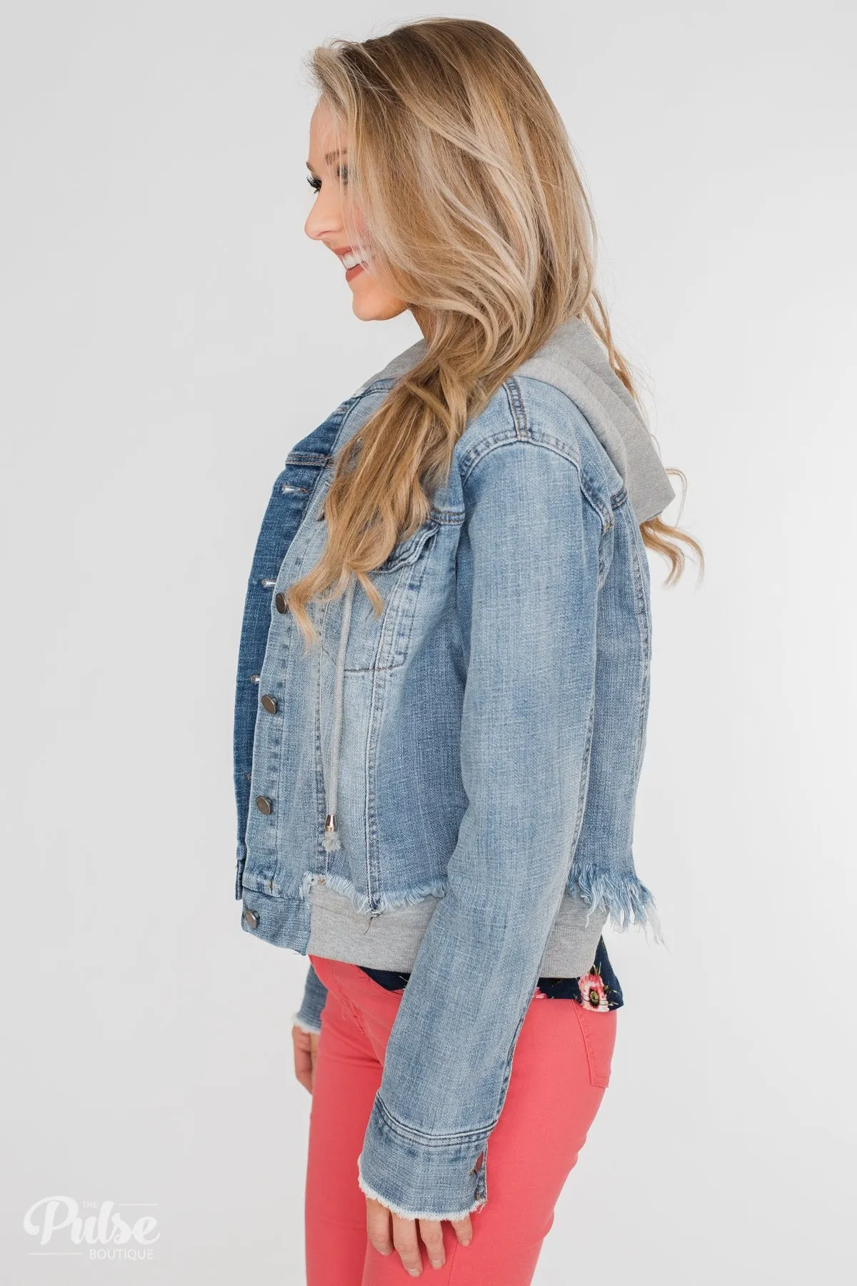 C'est Toi Distressed Hooded Denim Jacket- Medium Wash