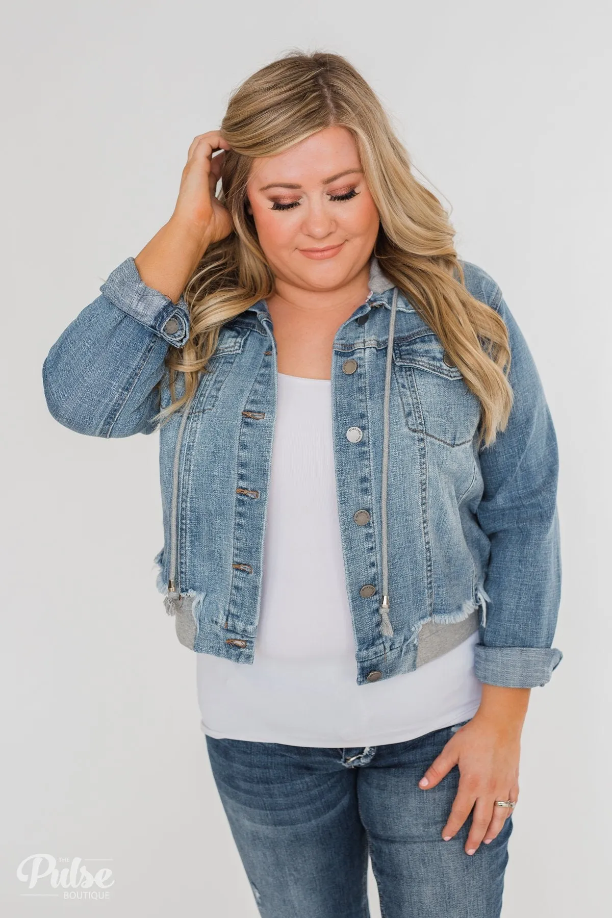 C'est Toi Distressed Hooded Denim Jacket- Medium Wash
