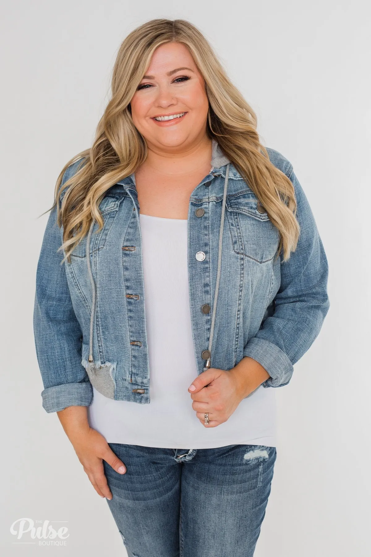 C'est Toi Distressed Hooded Denim Jacket- Medium Wash