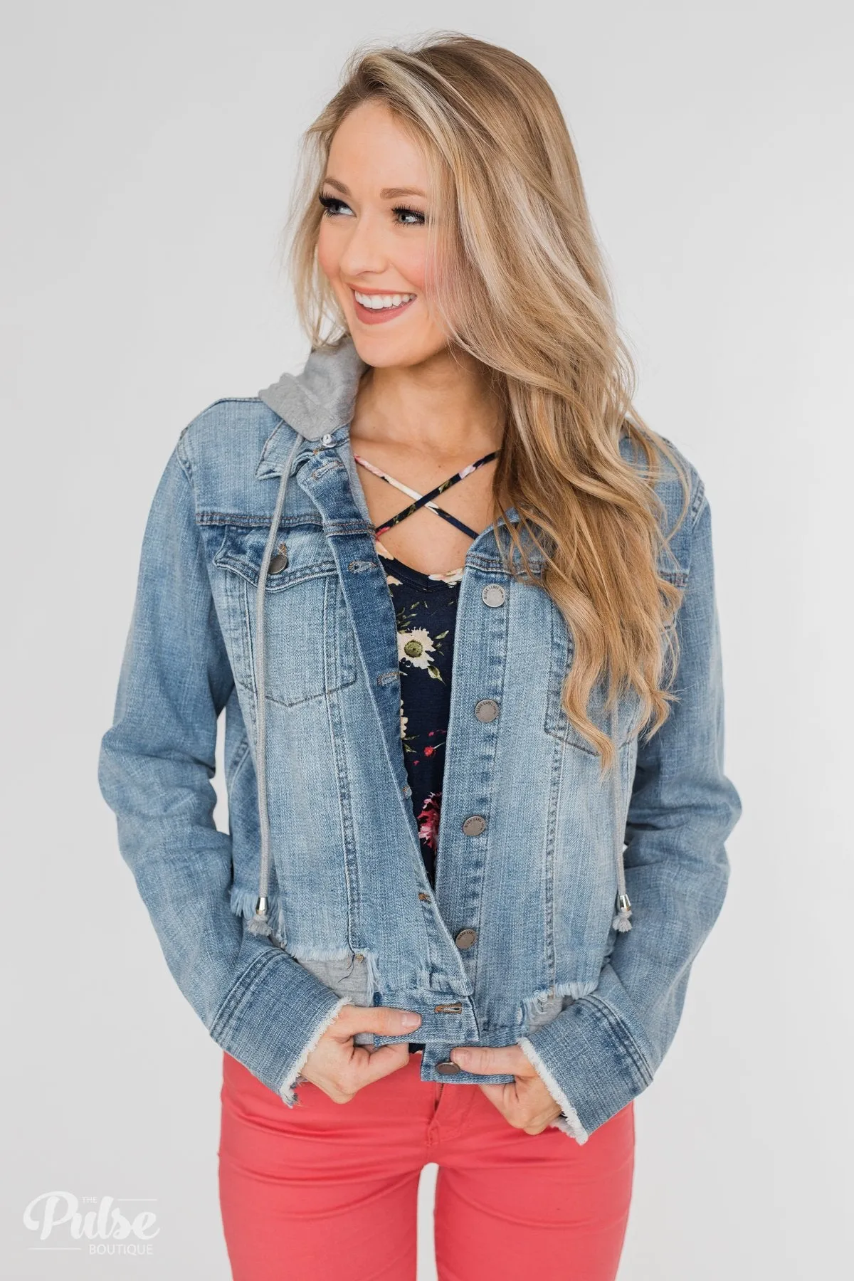 C'est Toi Distressed Hooded Denim Jacket- Medium Wash
