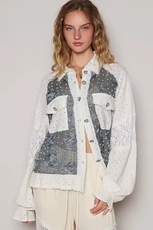 Charcoal Cream Long balloon sleeve flower detail button down POL shirt top