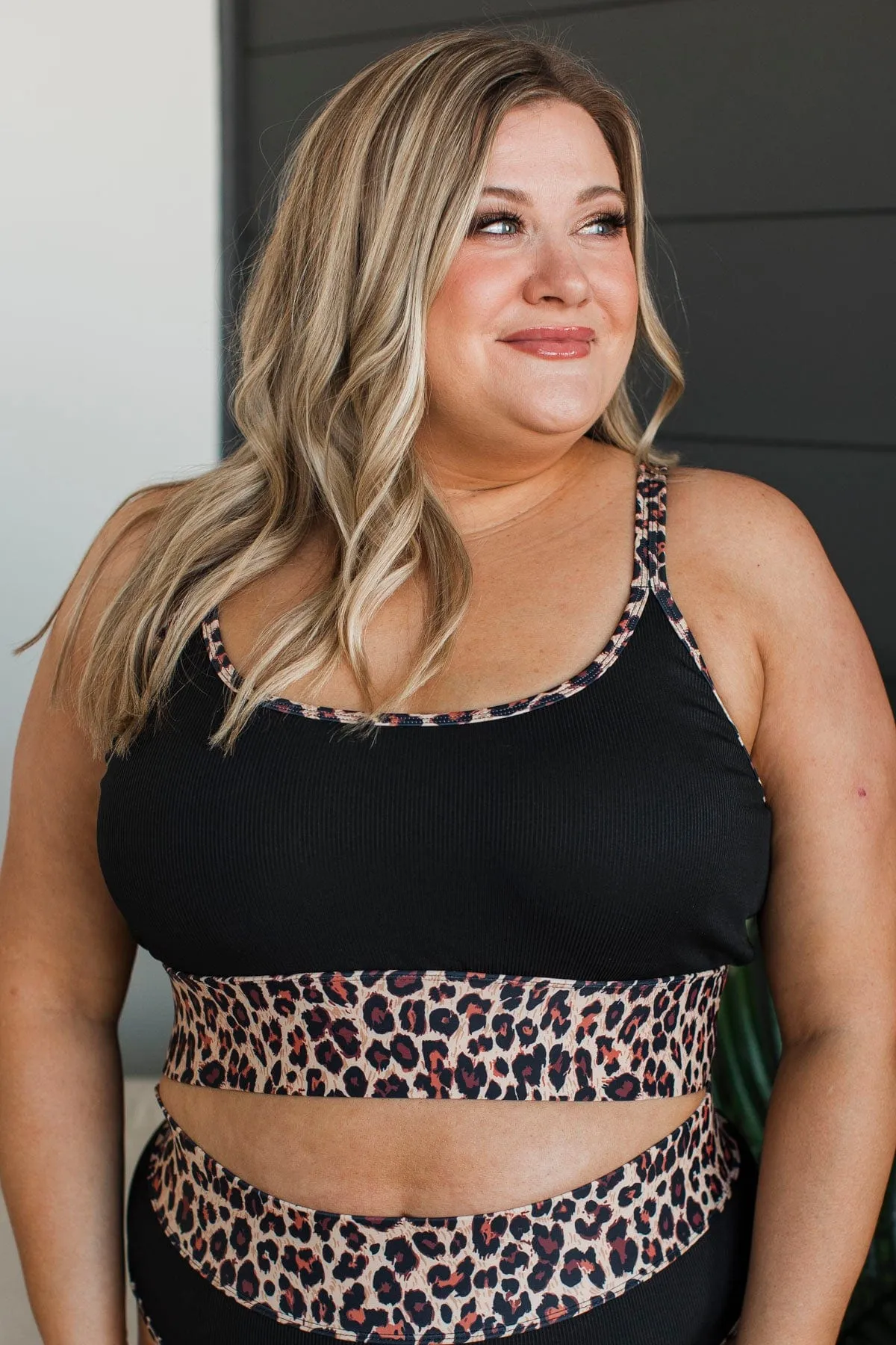 Chasing Tides Ribbed Swim Top- Black & Leopard