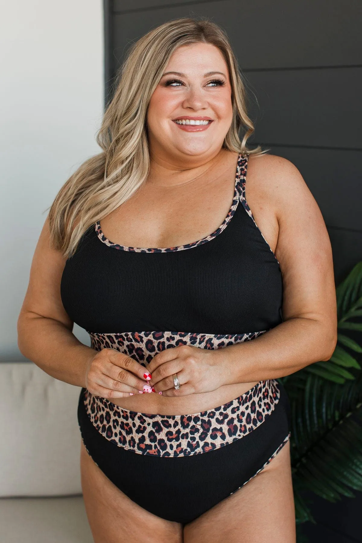 Chasing Tides Ribbed Swim Top- Black & Leopard