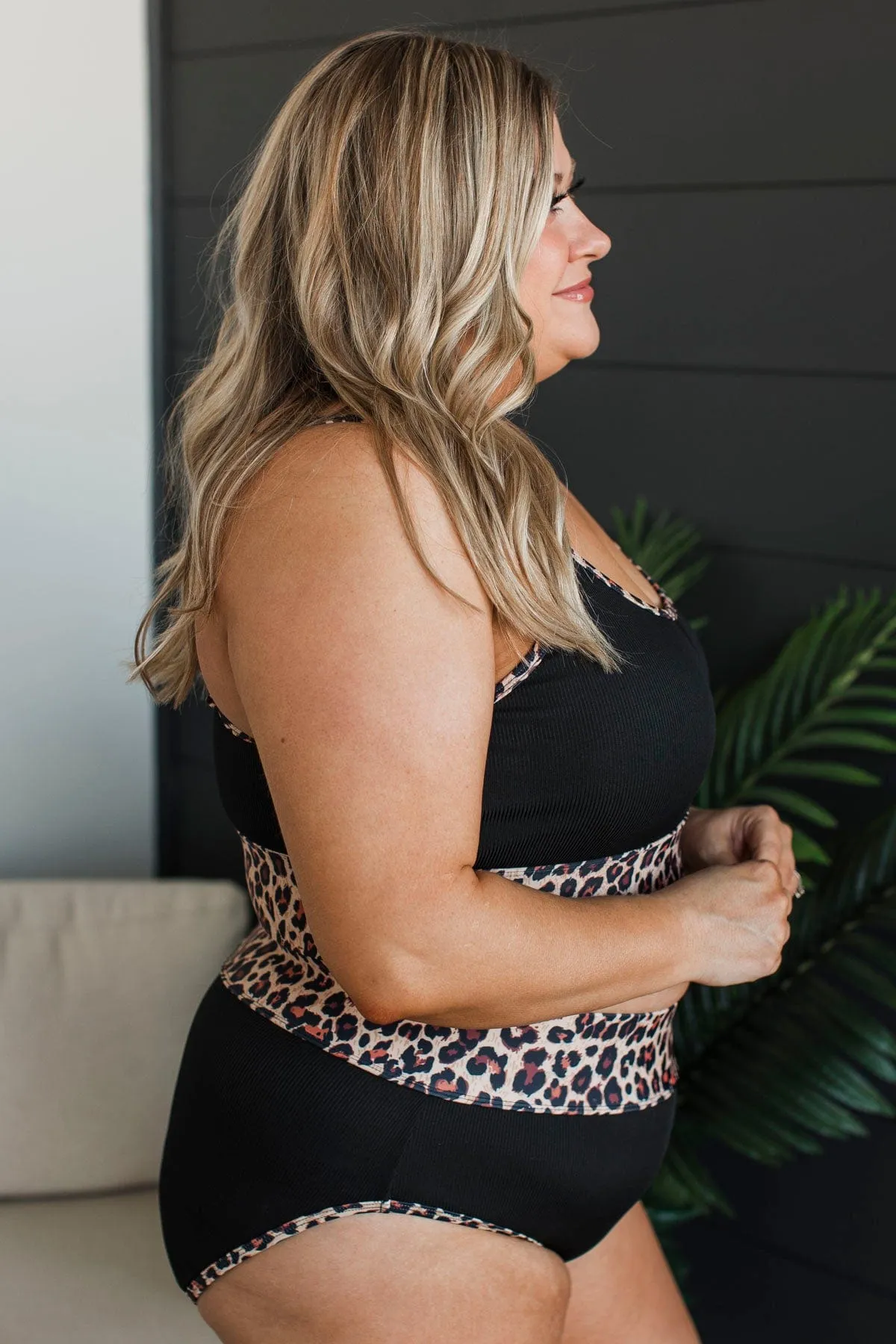 Chasing Tides Ribbed Swim Top- Black & Leopard