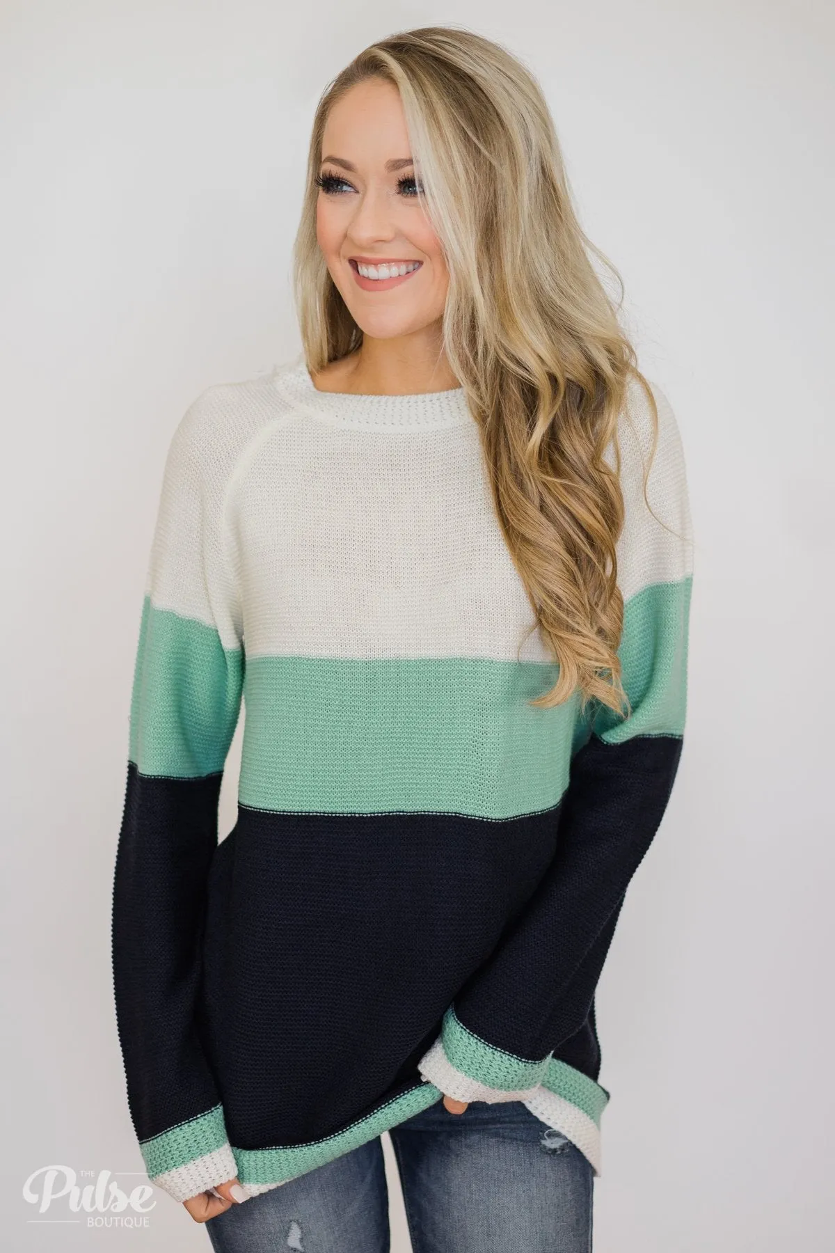Close to You Knitted Color Block Sweater- Ivory, Mint, Navy