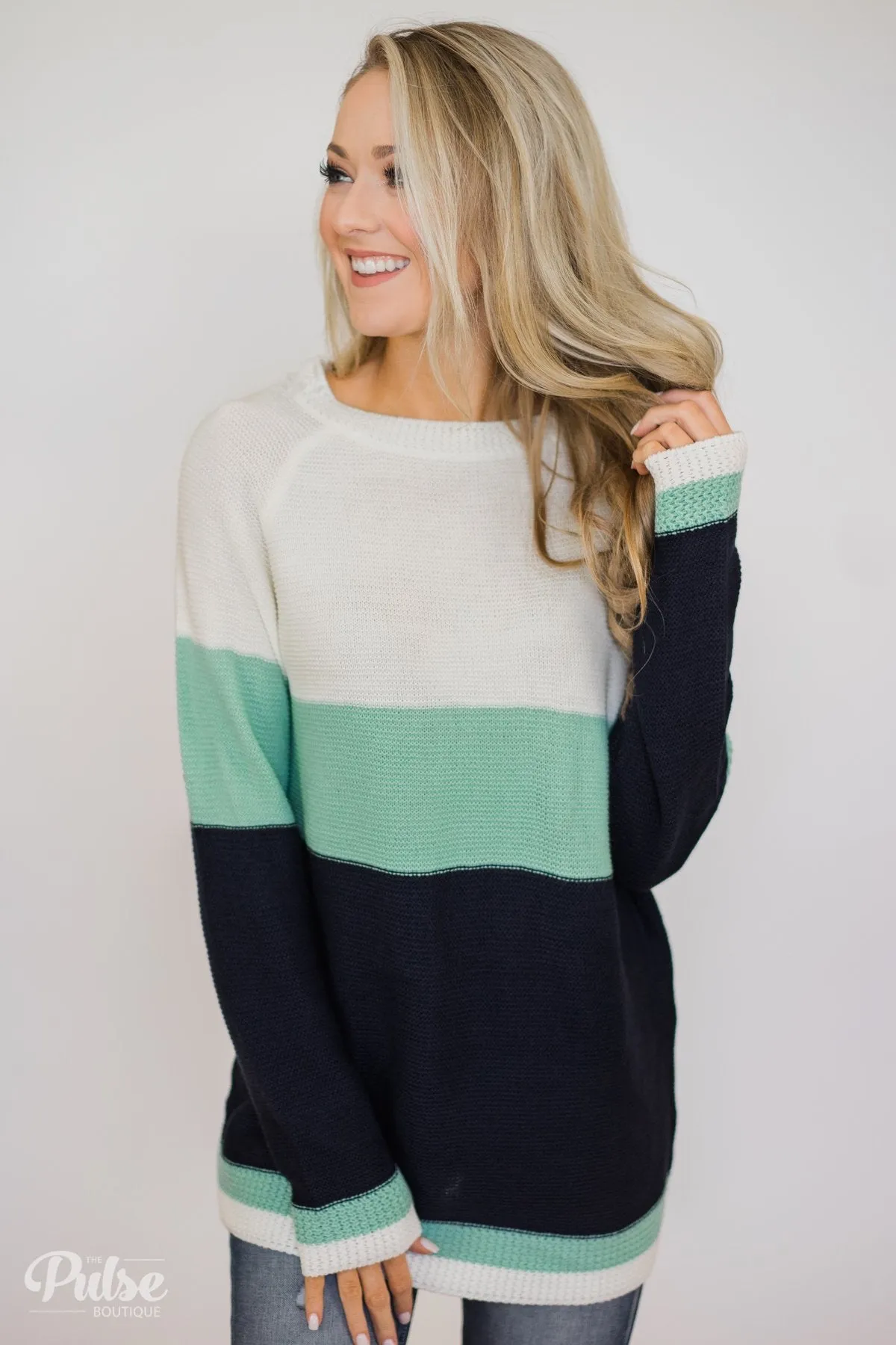 Close to You Knitted Color Block Sweater- Ivory, Mint, Navy