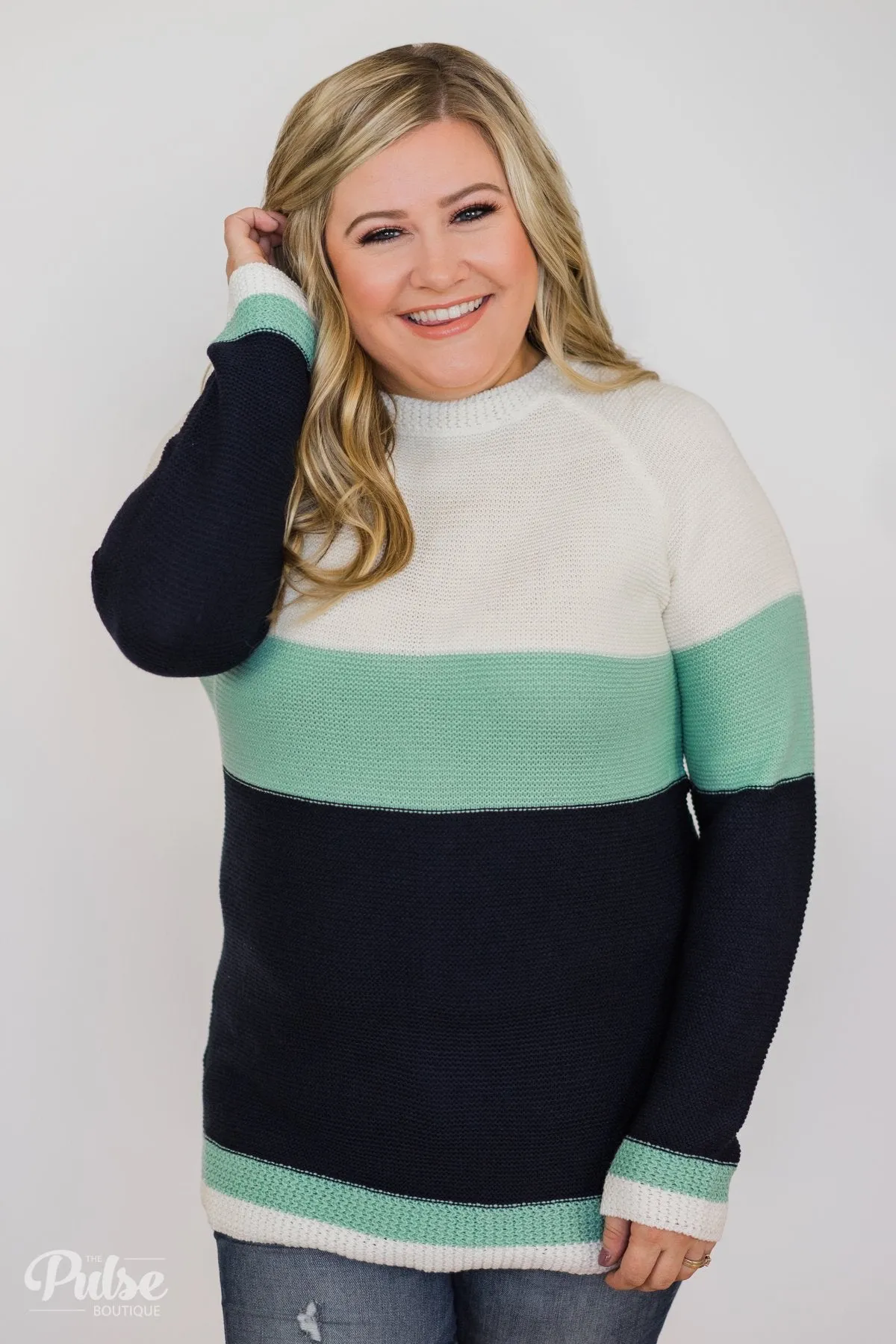 Close to You Knitted Color Block Sweater- Ivory, Mint, Navy