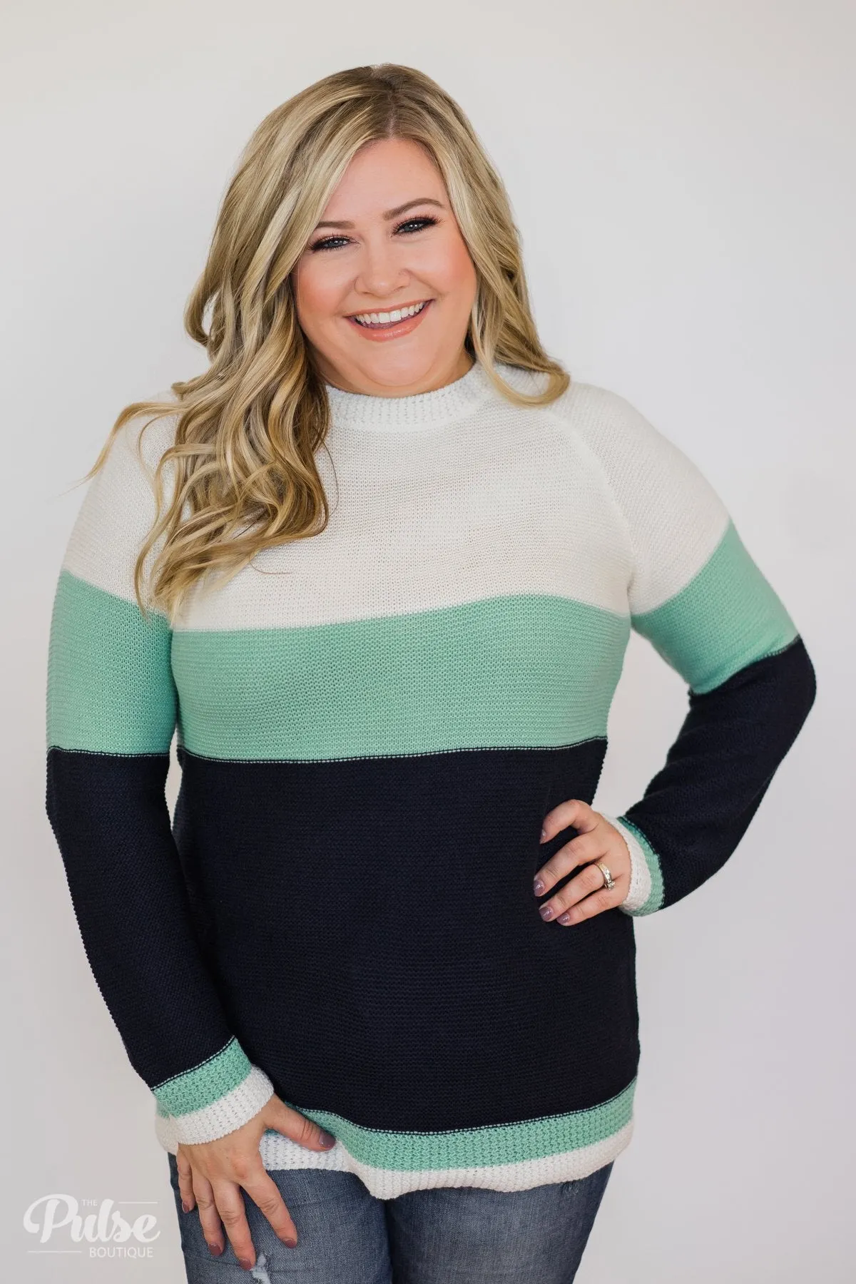 Close to You Knitted Color Block Sweater- Ivory, Mint, Navy