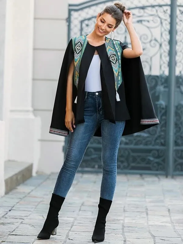 CM-CS030486 Women Elegant European Style Tribal Print Panel Tassel Cape Blazer - Black