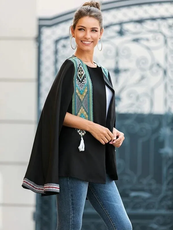 CM-CS030486 Women Elegant European Style Tribal Print Panel Tassel Cape Blazer - Black