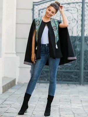 CM-CS030486 Women Elegant European Style Tribal Print Panel Tassel Cape Blazer - Black