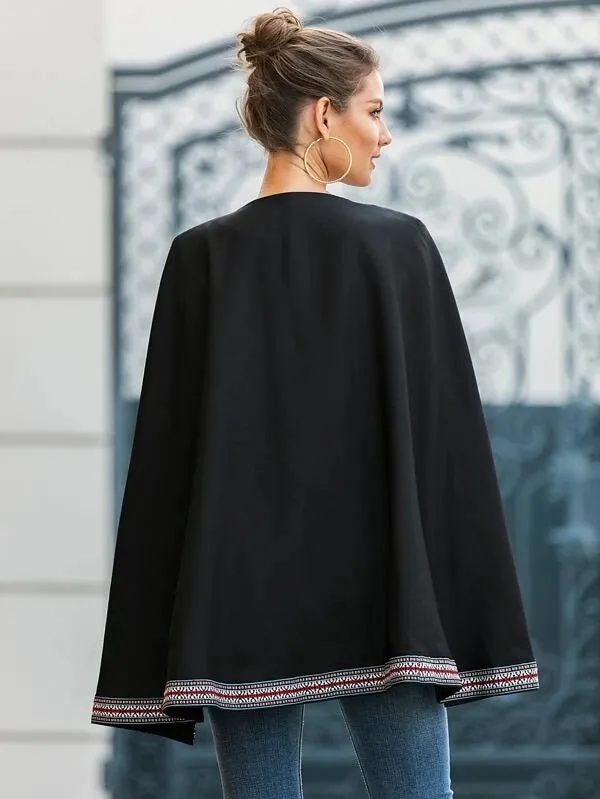CM-CS030486 Women Elegant European Style Tribal Print Panel Tassel Cape Blazer - Black