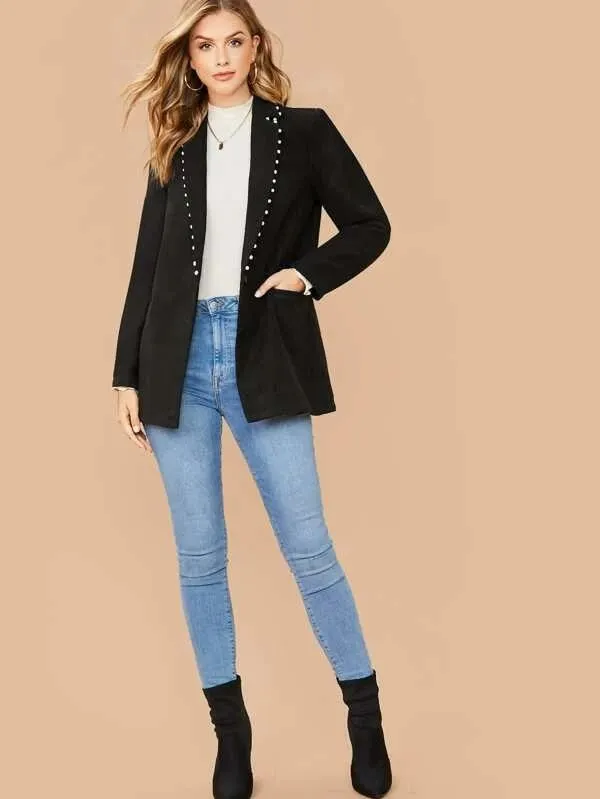 CM-CS126435 Women Elegant Seoul Style Long Sleeve Pearl Beaded Pocket Front Blazer - Black