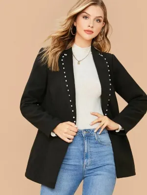 CM-CS126435 Women Elegant Seoul Style Long Sleeve Pearl Beaded Pocket Front Blazer - Black