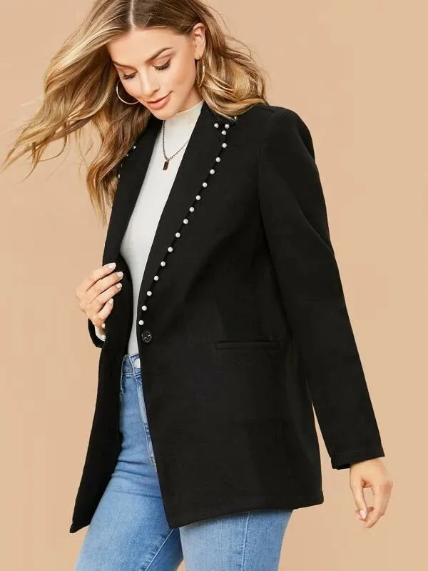 CM-CS126435 Women Elegant Seoul Style Long Sleeve Pearl Beaded Pocket Front Blazer - Black